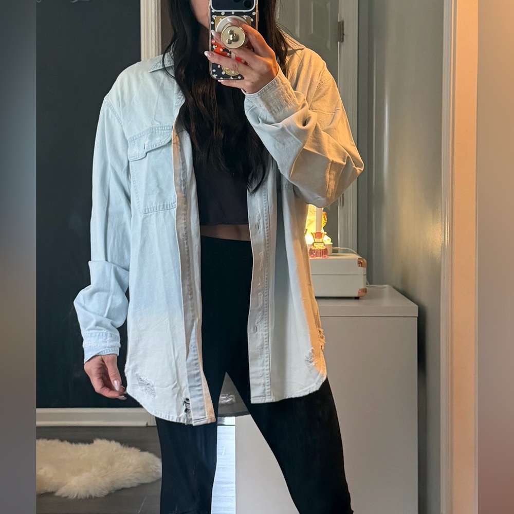 One Teaspoon Light Blue Distressed Oversized Denim Shirt Jacket